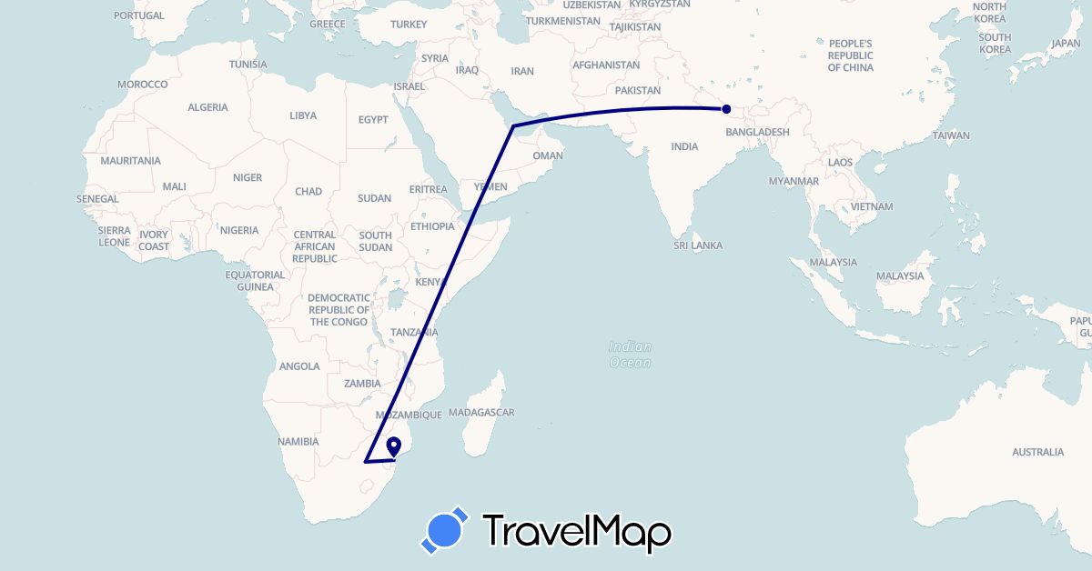 TravelMap itinerary: driving in Mozambique, Nepal, Qatar, South Africa (Africa, Asia)